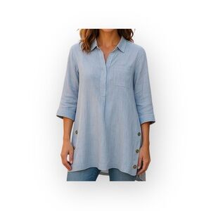 J. Jill Love Linen loose oversized casual blouse 3/4 sleeves blue pinstripe